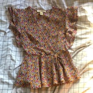 monteau red, yellow, blue, and green floral-neck top/blouse